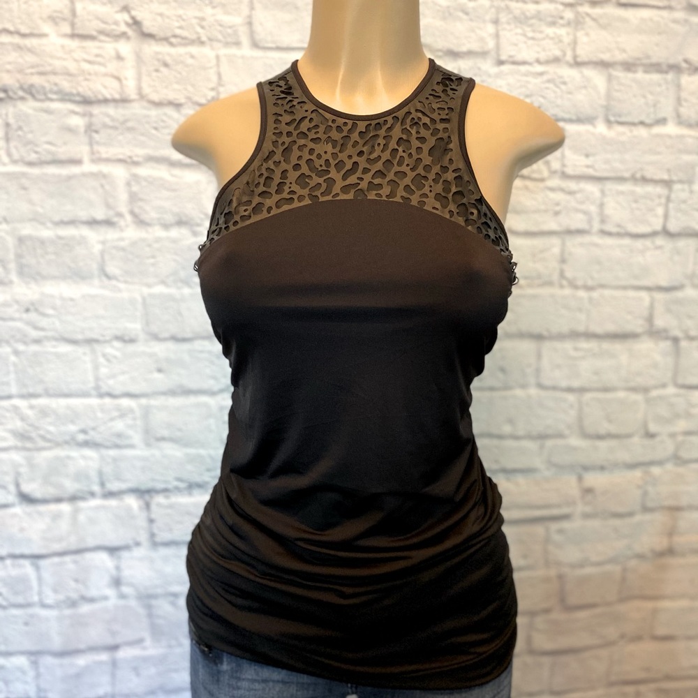 Cache Black Tank Top with Faux Leather Details NWT